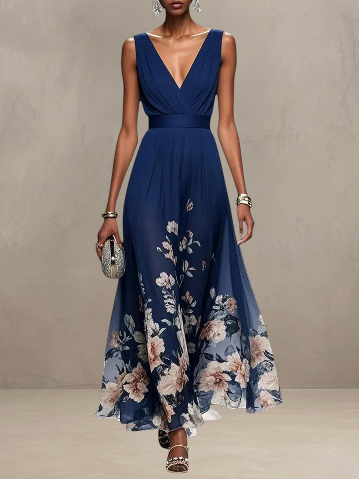 ROSA | ABITO MAXI IN CHIFFON FLORALE CON SCOLLO A V