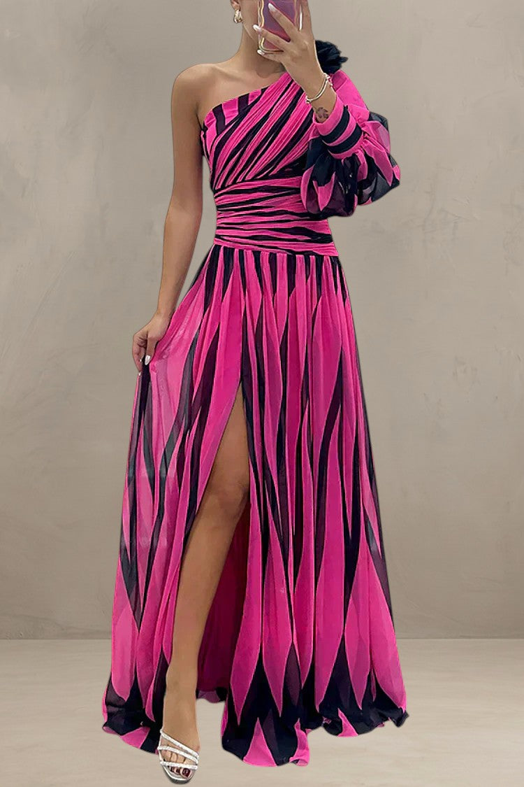 HAZEL | ABITO MAXI ELEGANTE A RIGHE CON UNA SPALLA
