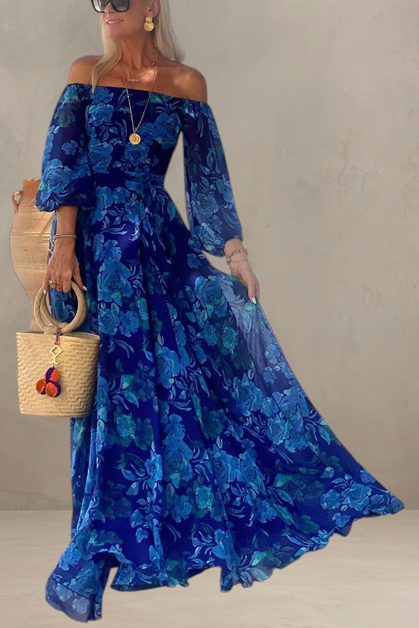 LUNA | ABITO MAXI CON STAMPA FLOREALE E MANICHE A SCOLLO OFF