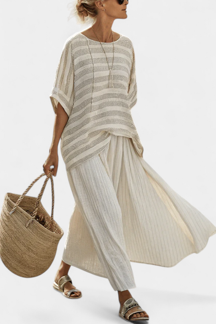 WESTLYN | TOP IN BAMBOO STRIATO COMODO E PANTALONI IN LINO FLUIDI