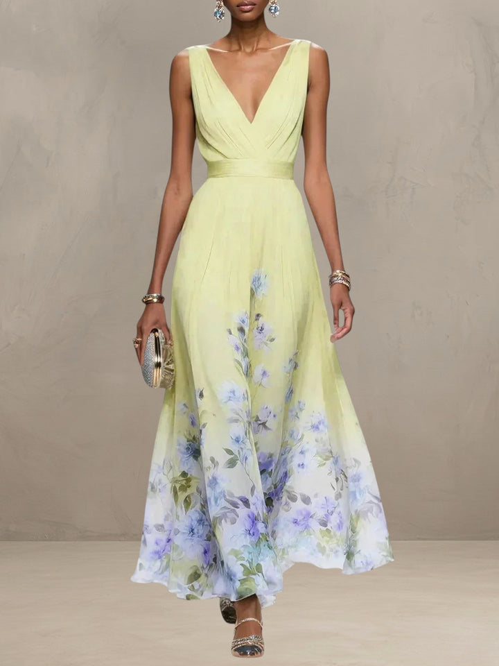 ROSA | ABITO MAXI IN CHIFFON FLORALE CON SCOLLO A V