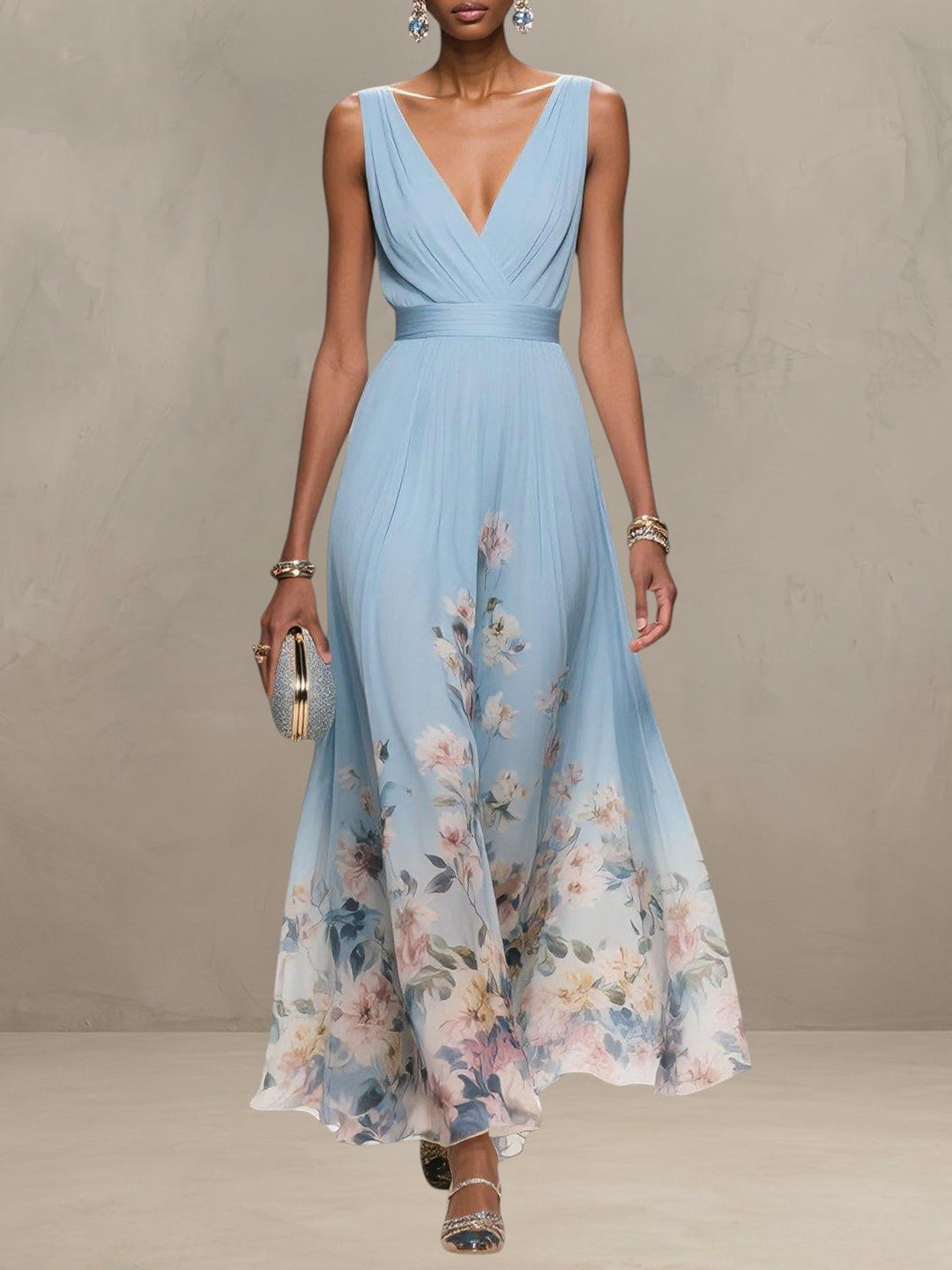 ROSA | ABITO MAXI IN CHIFFON FLORALE CON SCOLLO A V