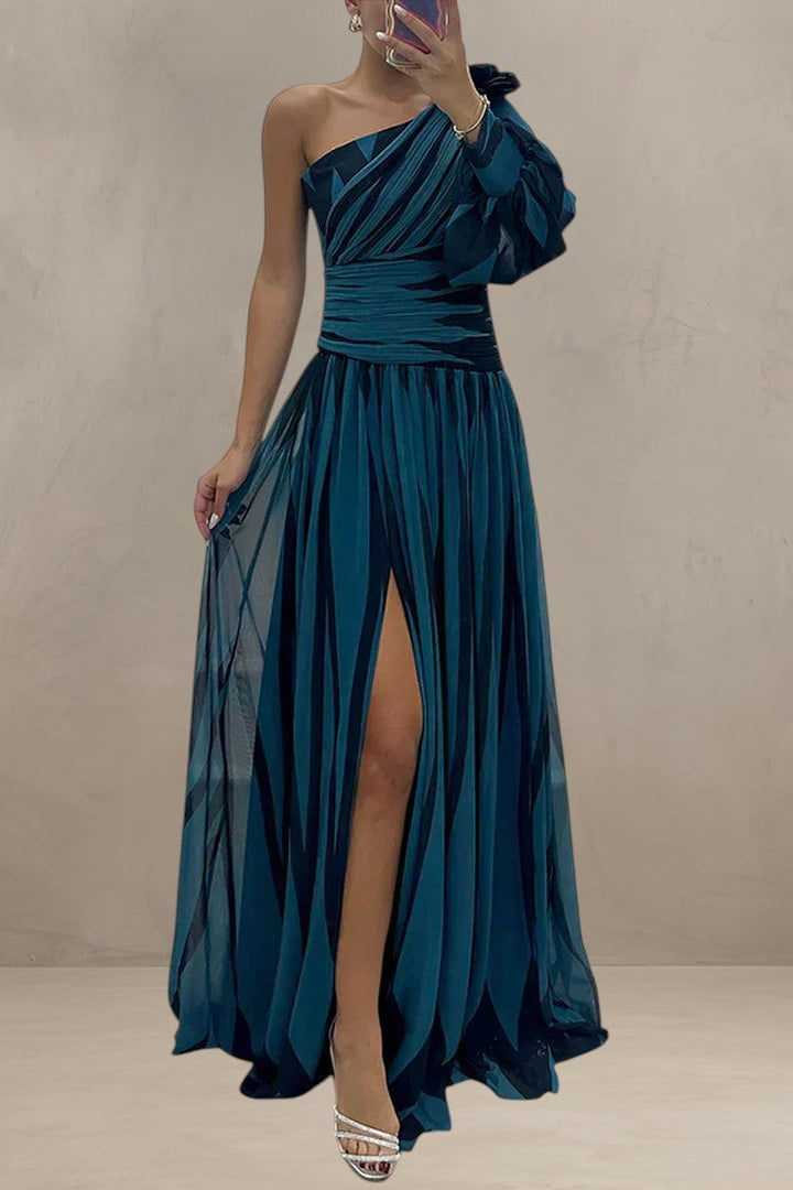 HAZEL | ABITO MAXI ELEGANTE A RIGHE CON UNA SPALLA