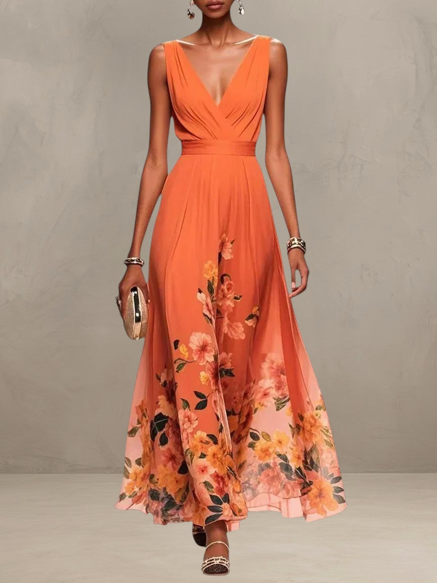 ROSA | ABITO MAXI IN CHIFFON FLORALE CON SCOLLO A V