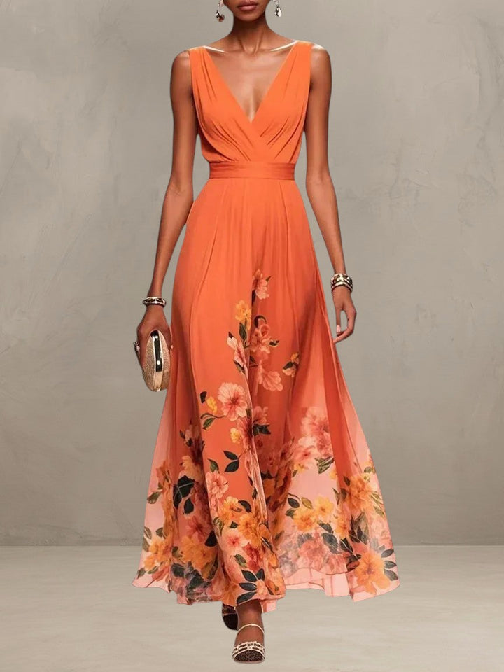 ROSA | ABITO MAXI IN CHIFFON FLORALE CON SCOLLO A V