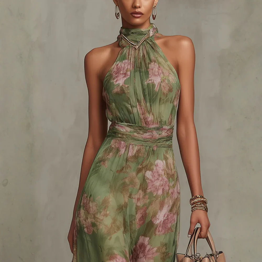 CHRISTABEL | ABITO MAXI IN CHIFFON CON COLLO HALTER FLOREALE