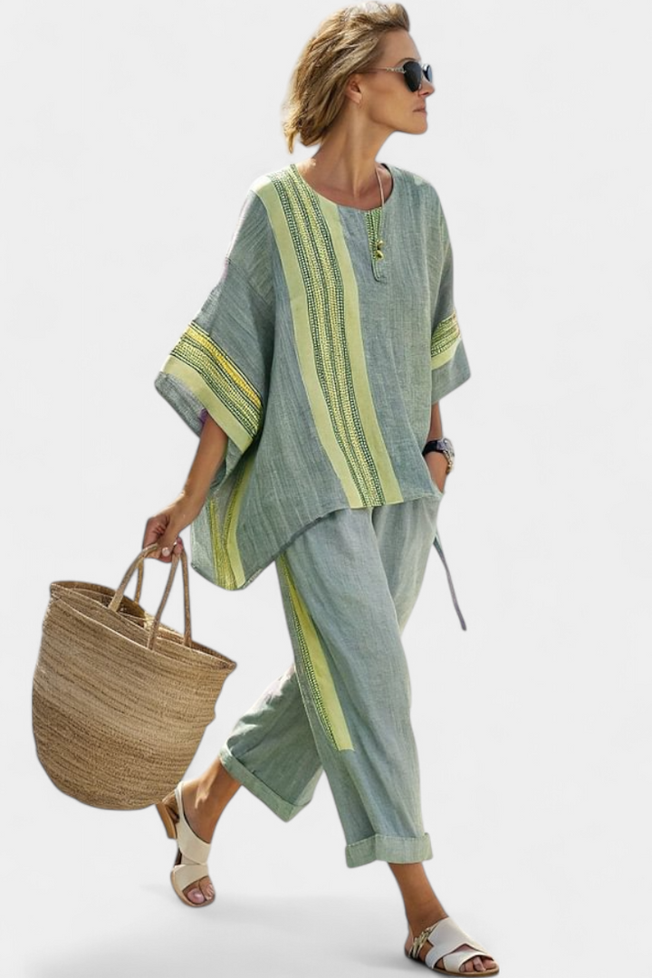 ELOWRIC | TOP LAVANDA ELEGANTE & PANTALONI A RIGHE SENAPE