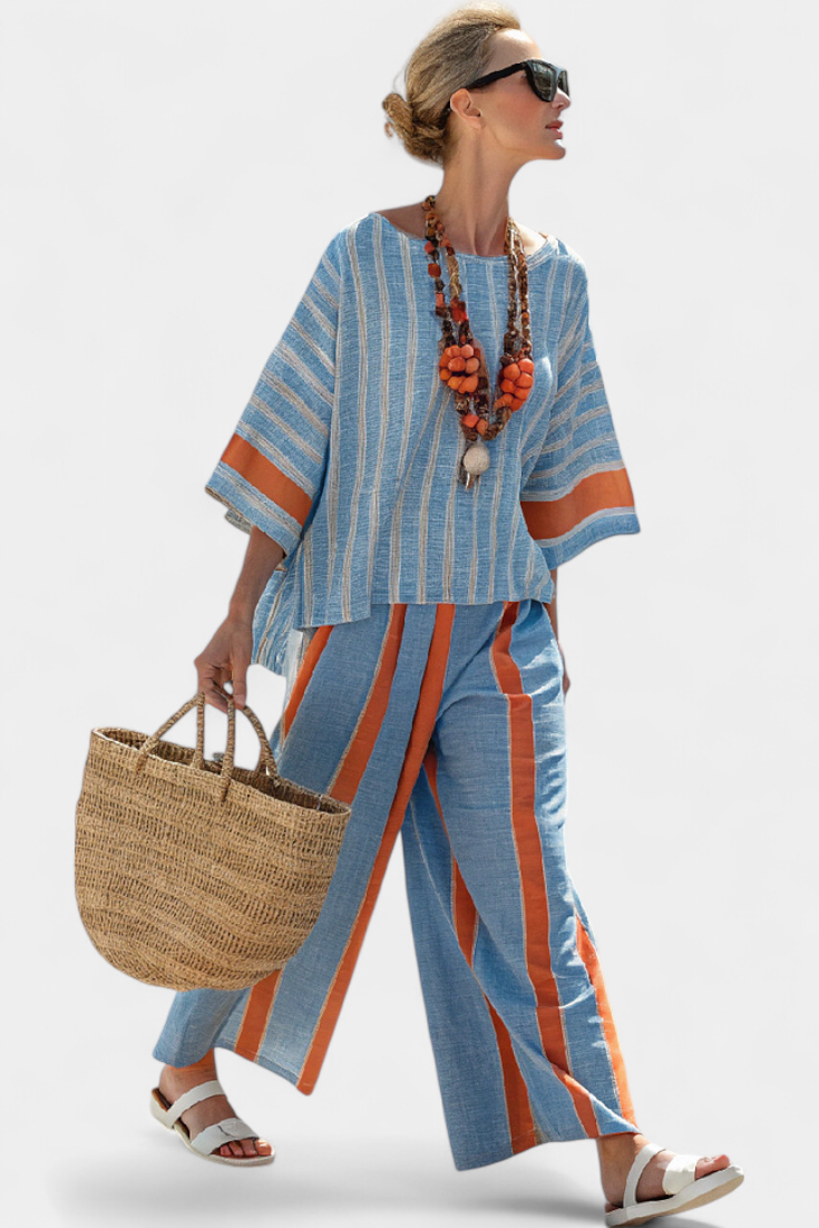 VELMERE | TOP STRIATO IN TERRACOTTA SOPHISTICATO E PANTALONI IN LINO