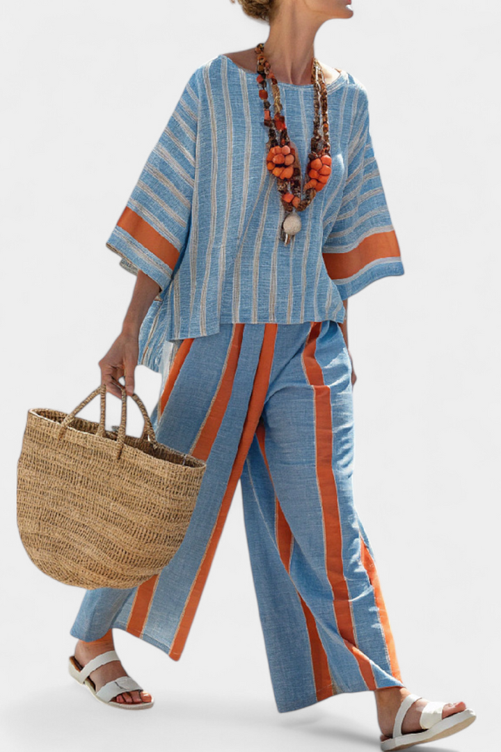 VELMERE | TOP STRIATO IN TERRACOTTA SOPHISTICATO E PANTALONI IN LINO