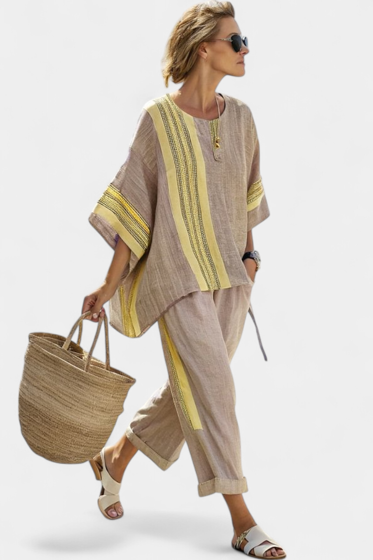 ELOWRIC | TOP LAVANDA ELEGANTE & PANTALONI A RIGHE SENAPE