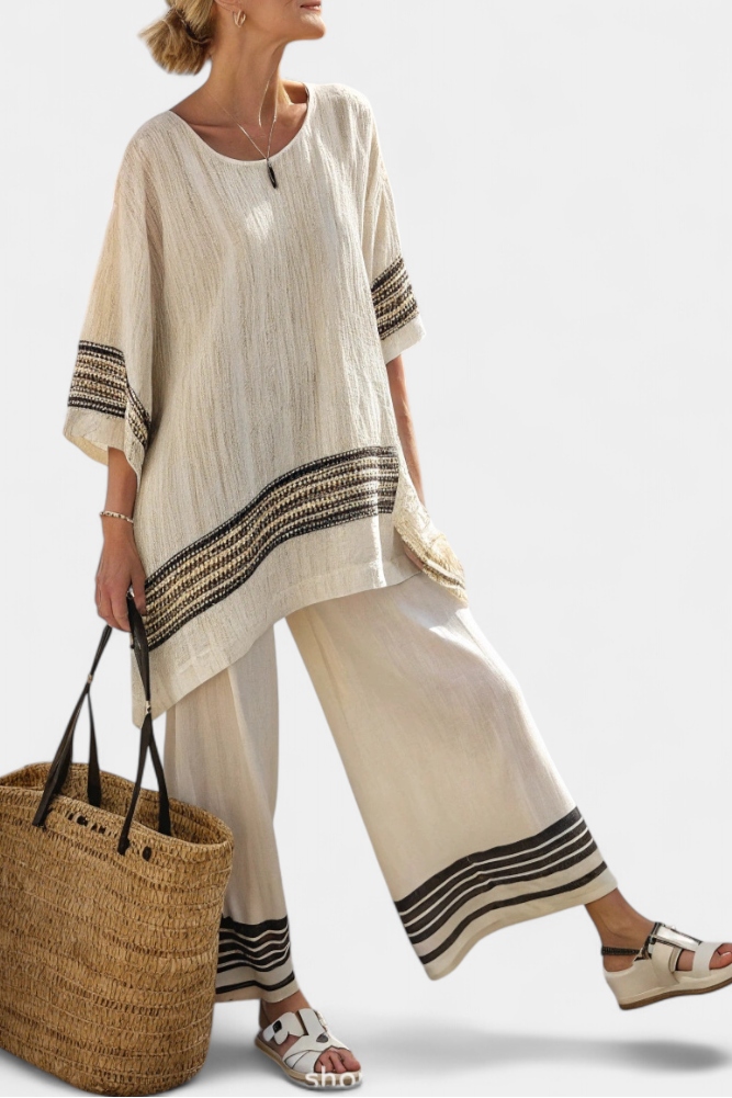HARLOWE | TOP IN LINO NERO A RIGHE E PANTALONI FLUIDI