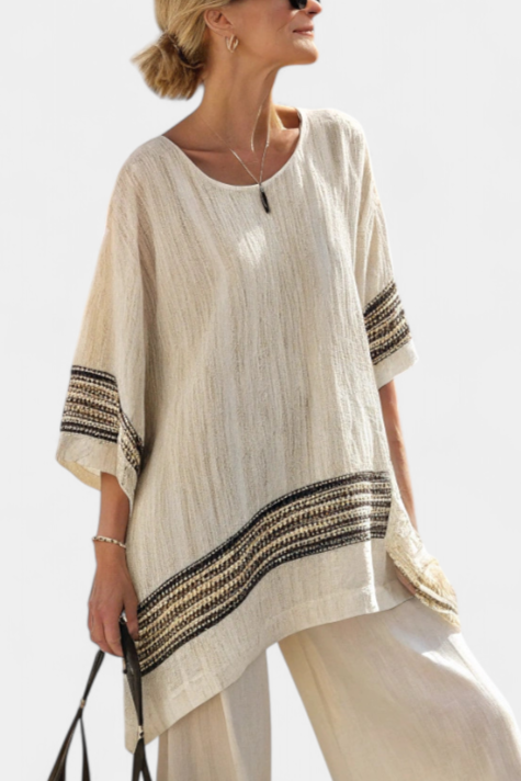 HARLOWE | TOP IN LINO NERO A RIGHE E PANTALONI FLUIDI