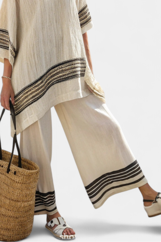 HARLOWE | TOP IN LINO NERO A RIGHE E PANTALONI FLUIDI