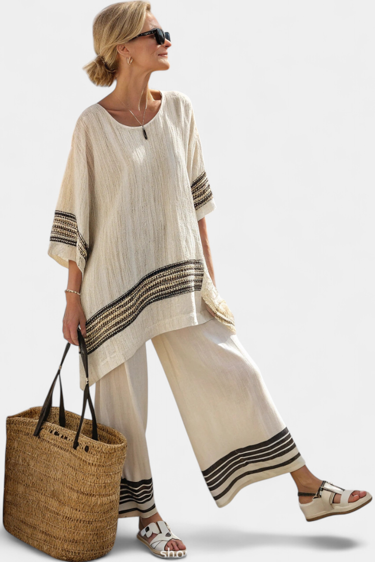HARLOWE | TOP IN LINO NERO A RIGHE E PANTALONI FLUIDI