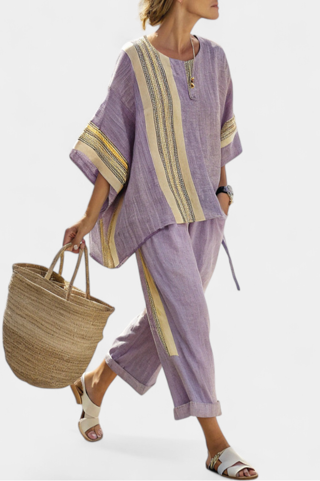 ELOWRIC | TOP LAVANDA ELEGANTE & PANTALONI A RIGHE SENAPE