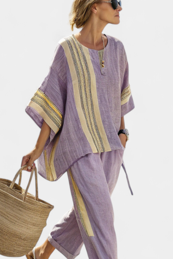 ELOWRIC | TOP LAVANDA ELEGANTE & PANTALONI A RIGHE SENAPE
