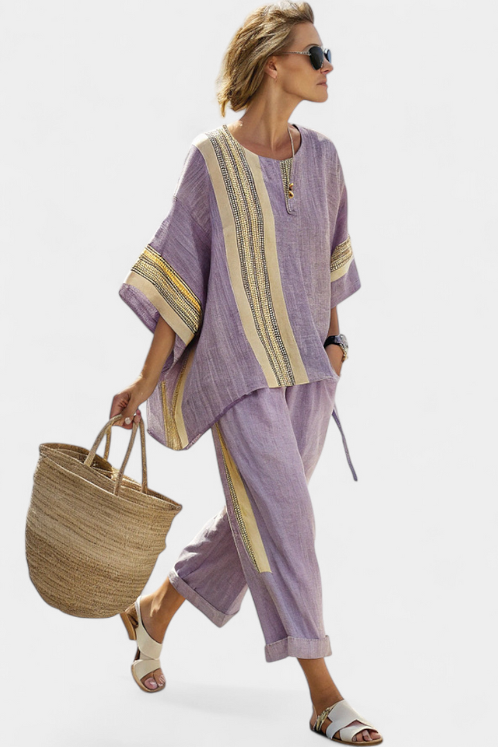 ELOWRIC | TOP LAVANDA ELEGANTE & PANTALONI A RIGHE SENAPE