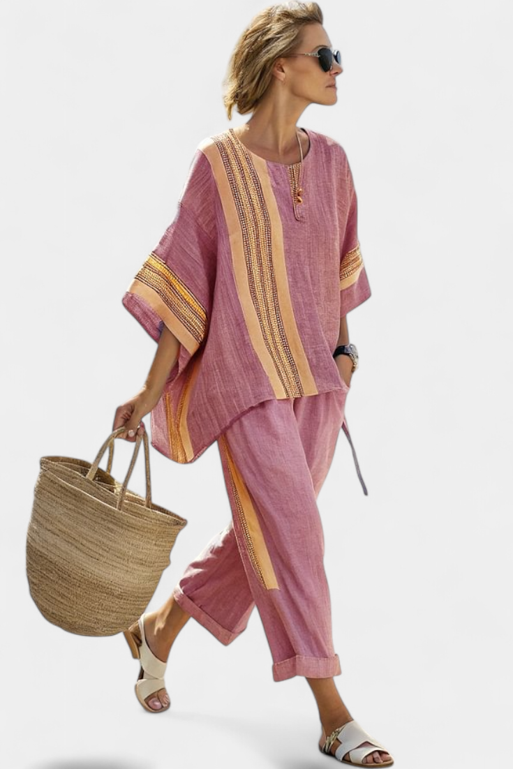 ELOWRIC | TOP LAVANDA ELEGANTE & PANTALONI A RIGHE SENAPE