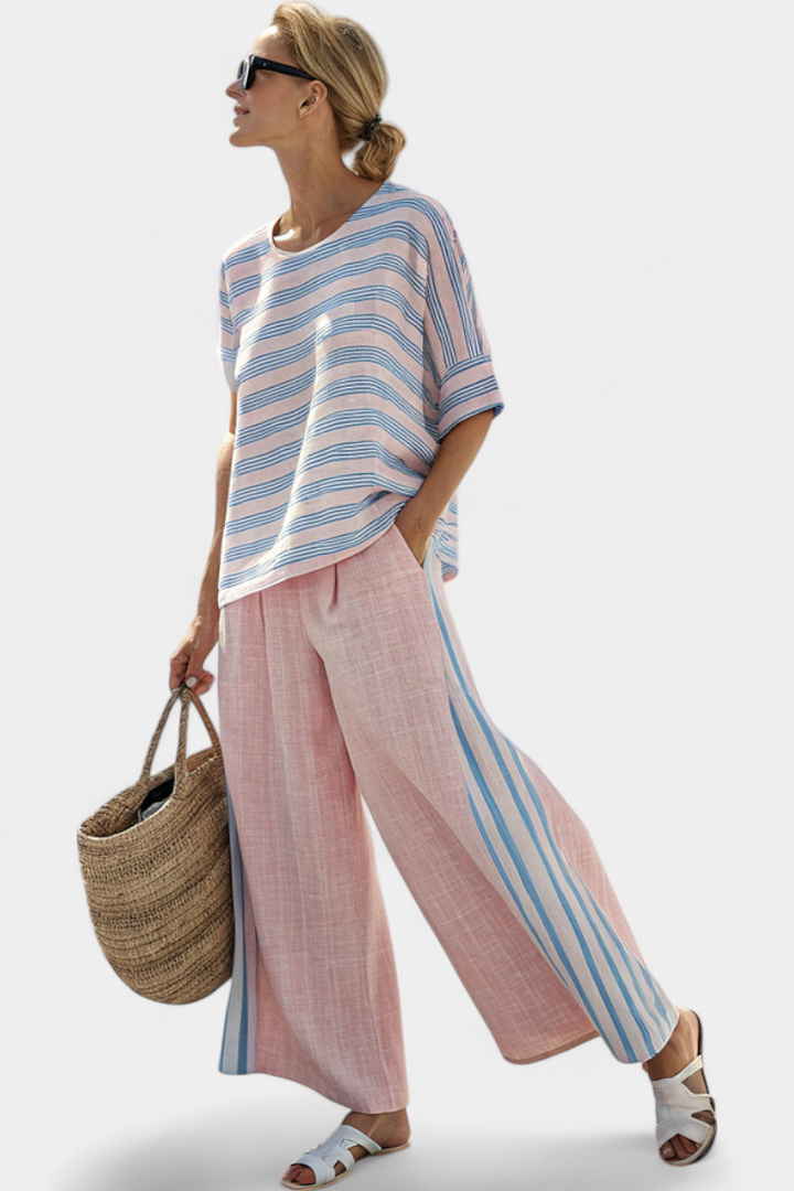 VIRELLA | BLUSA IN LINO ELEGANTE ROSA-BLU & PANTALONI MORBIDI