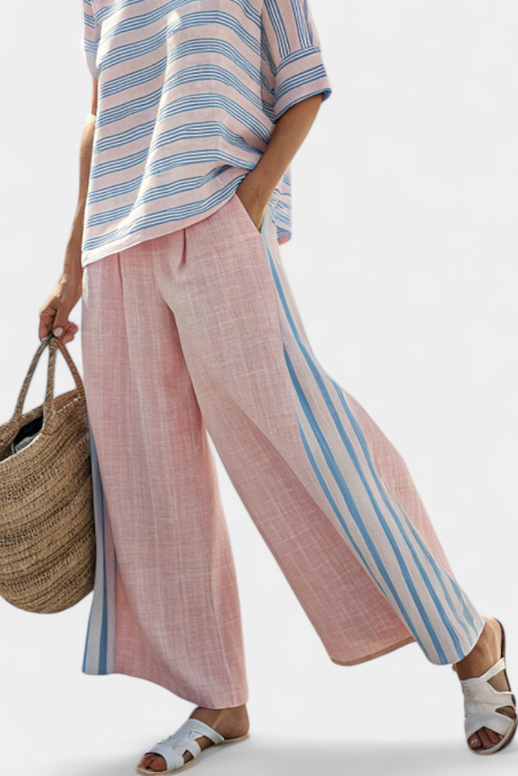 VIRELLA | BLUSA IN LINO ELEGANTE ROSA-BLU & PANTALONI MORBIDI