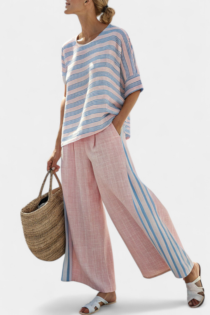 VIRELLA | BLUSA IN LINO ELEGANTE ROSA-BLU & PANTALONI MORBIDI