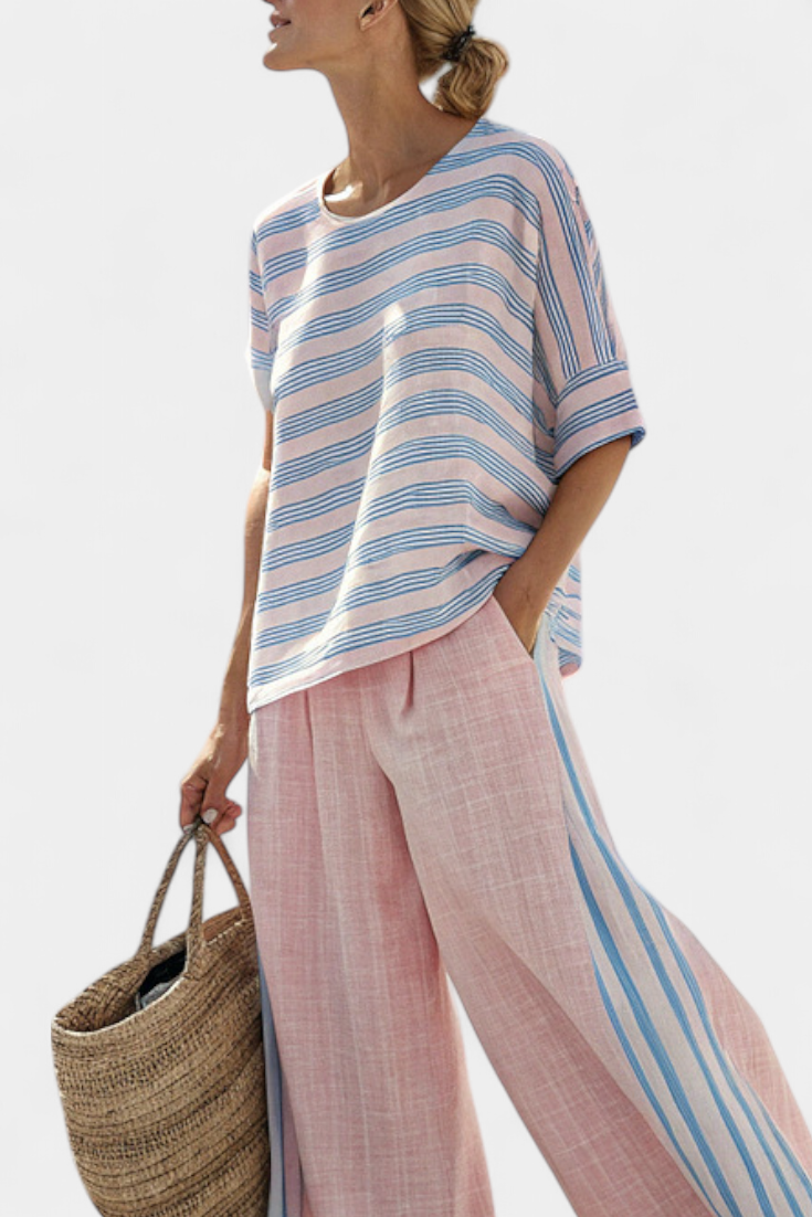 VIRELLA | BLUSA IN LINO ELEGANTE ROSA-BLU & PANTALONI MORBIDI