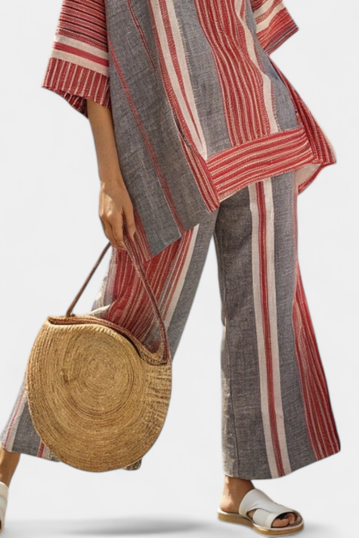 BRAVINE | TOP IN LINO CORALLO-GRIGIO E PANTALONI AMPI