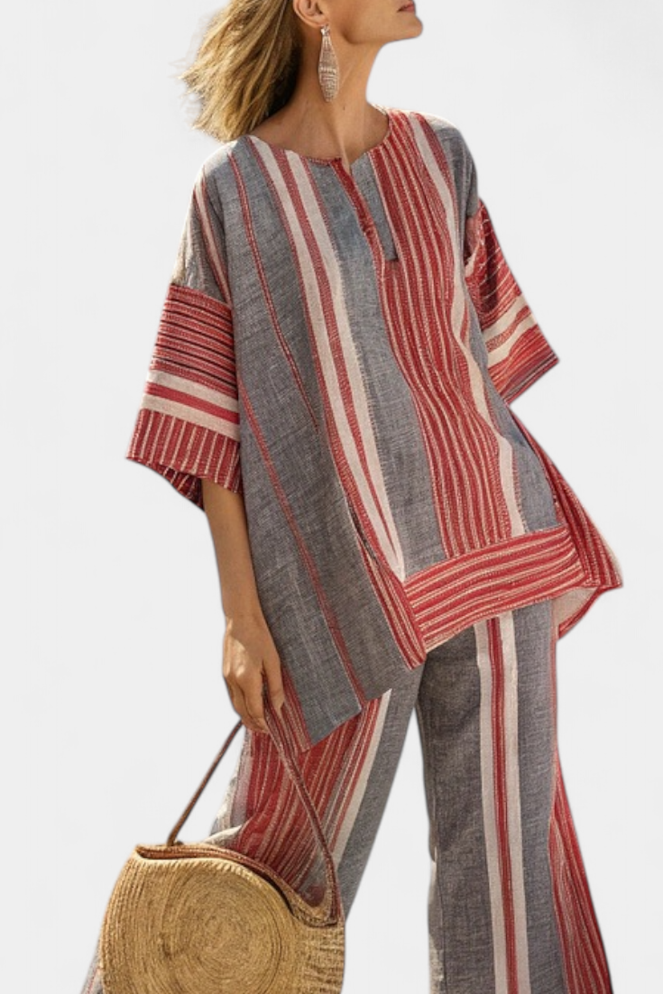 BRAVINE | TOP IN LINO CORALLO-GRIGIO E PANTALONI AMPI