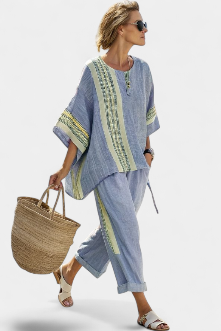 ELOWRIC | TOP LAVANDA ELEGANTE & PANTALONI A RIGHE SENAPE