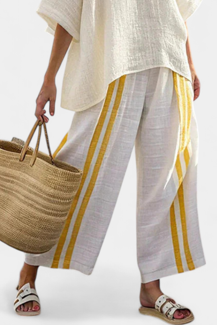 ANSELOR | TOP IN LINO ELEGANTE A RIGHE GIALLE E PANTALONI AMPI