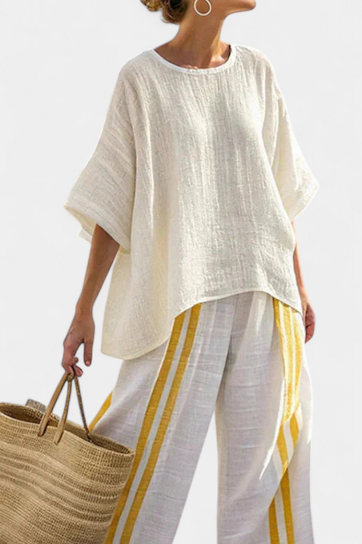 ANSELOR | TOP IN LINO ELEGANTE A RIGHE GIALLE E PANTALONI AMPI