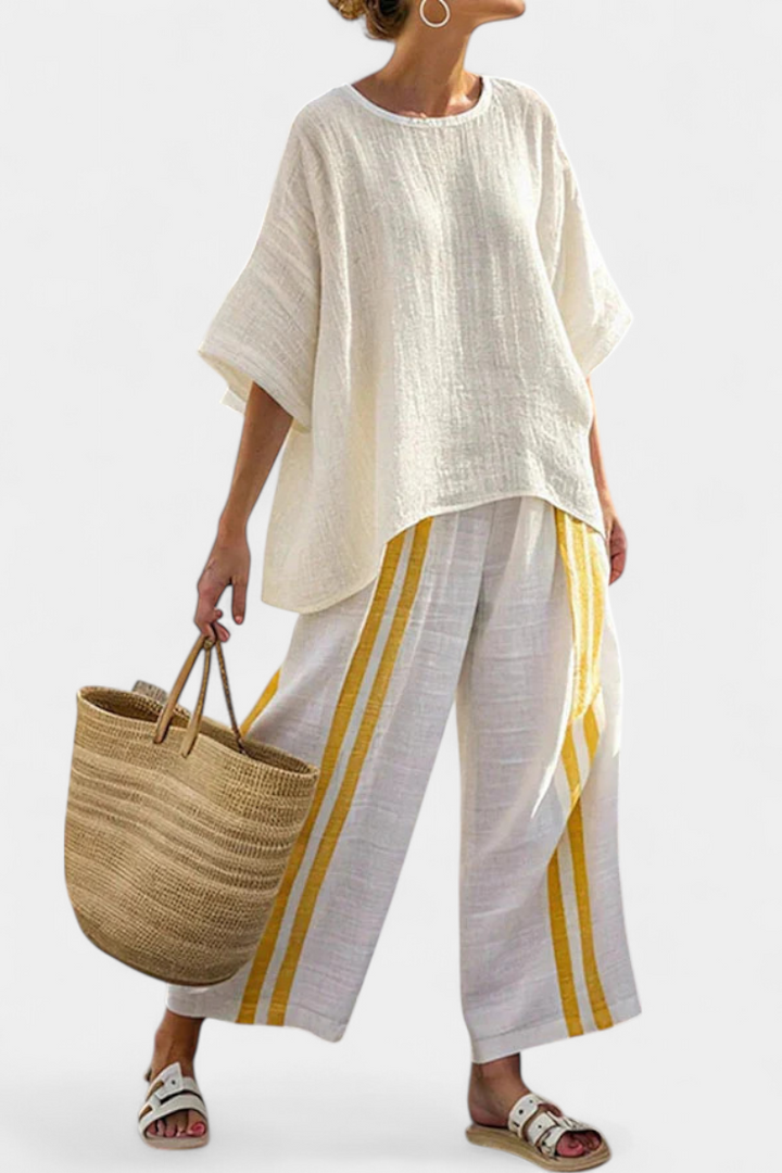 ANSELOR | TOP IN LINO ELEGANTE A RIGHE GIALLE E PANTALONI AMPI