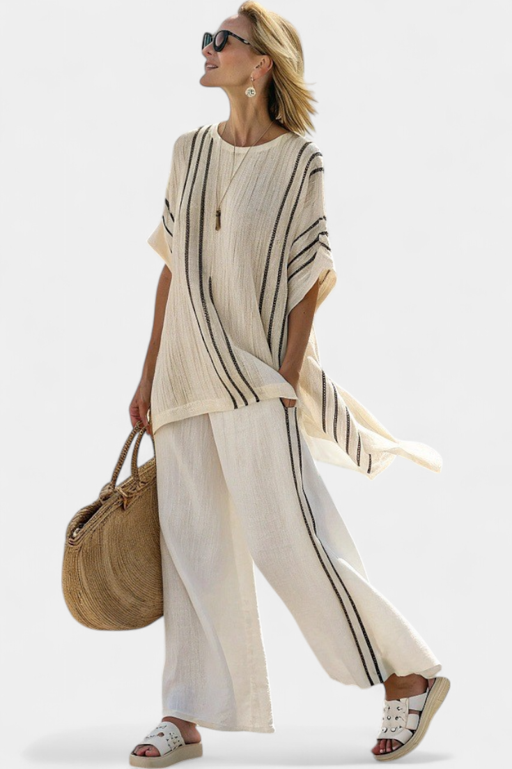 GREYSEN | BLUSA IN LINO IVORY E PANTALONI A RIGHE NERE