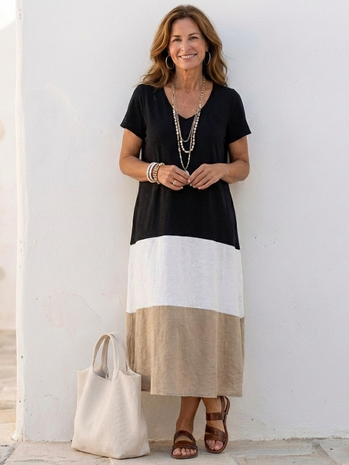 THALIA | ABITO MIDI A MANICA CORTA CON SCOLLO A V E COLOR BLOCK