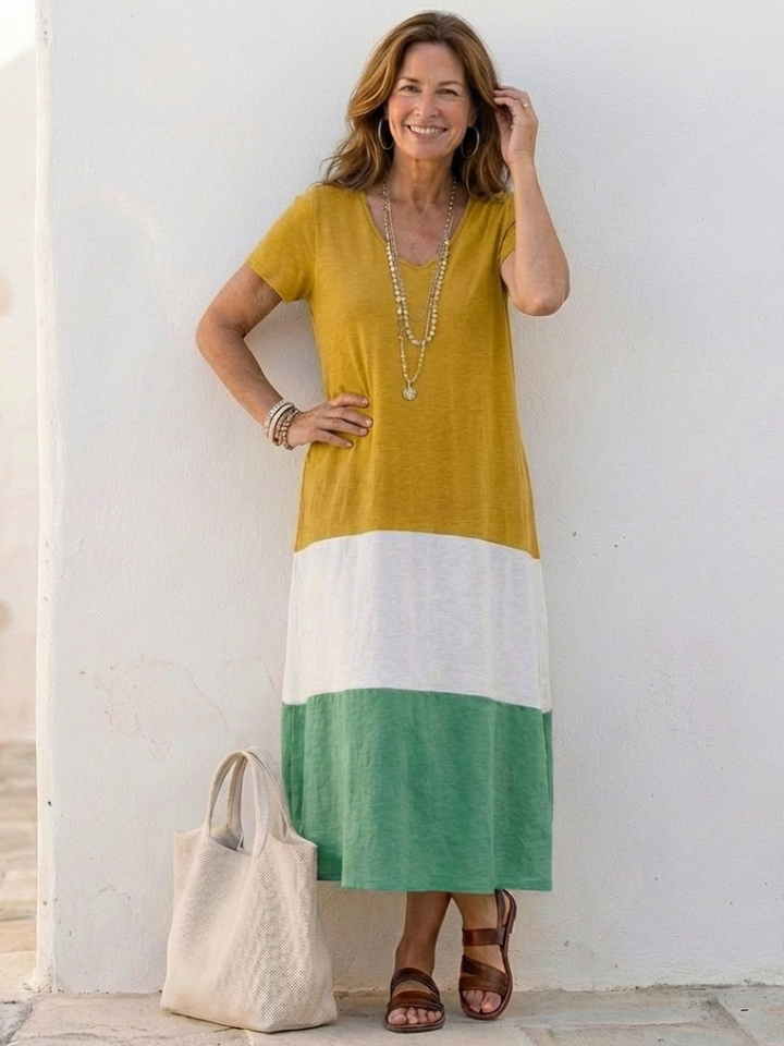 THALIA | ABITO MIDI A MANICA CORTA CON SCOLLO A V E COLOR BLOCK
