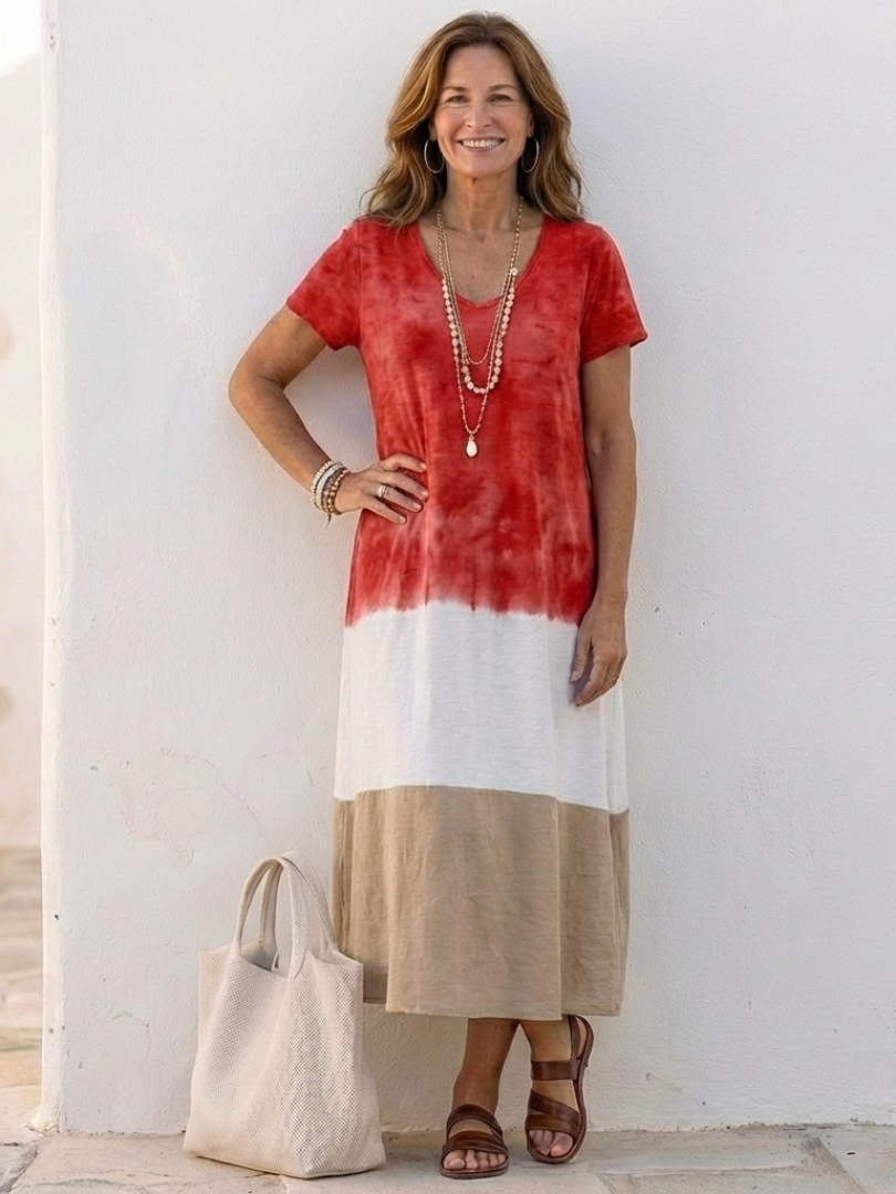 THALIA | ABITO MIDI A MANICA CORTA CON SCOLLO A V E COLOR BLOCK