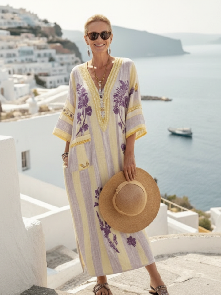 AURELIA | ABITO MAXI A V COLLO, MANICHE MEZZE STRISCIATE E FLOREALI