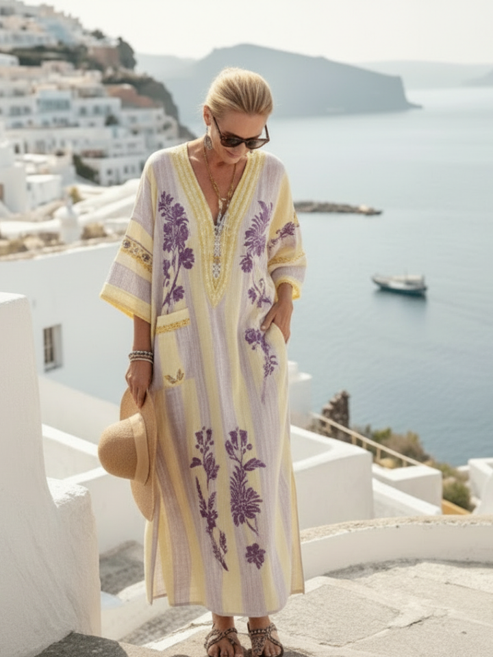 AURELIA | ABITO MAXI A V COLLO, MANICHE MEZZE STRISCIATE E FLOREALI