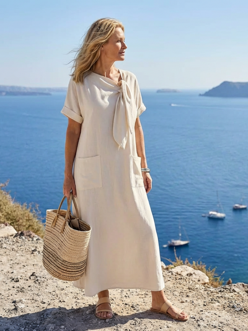 ELOWYN | ABITO MAXI A MANICHE CORTE CON COLLO TONDO E TASCHE