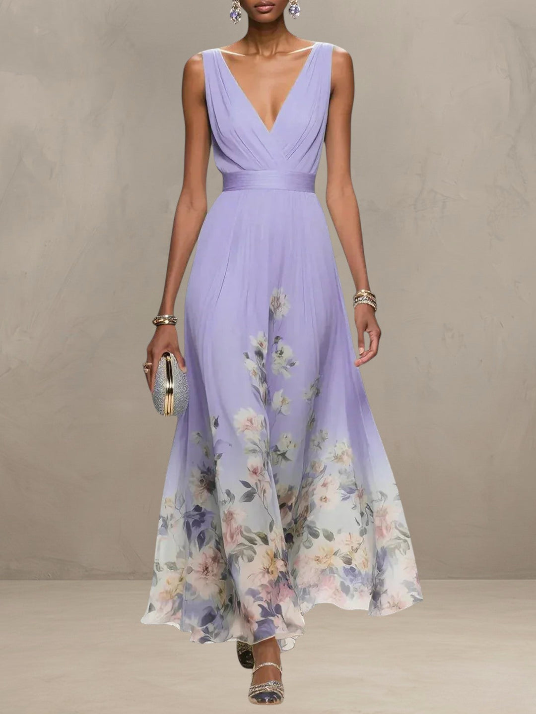 ROSA | ABITO MAXI IN CHIFFON FLORALE CON SCOLLO A V