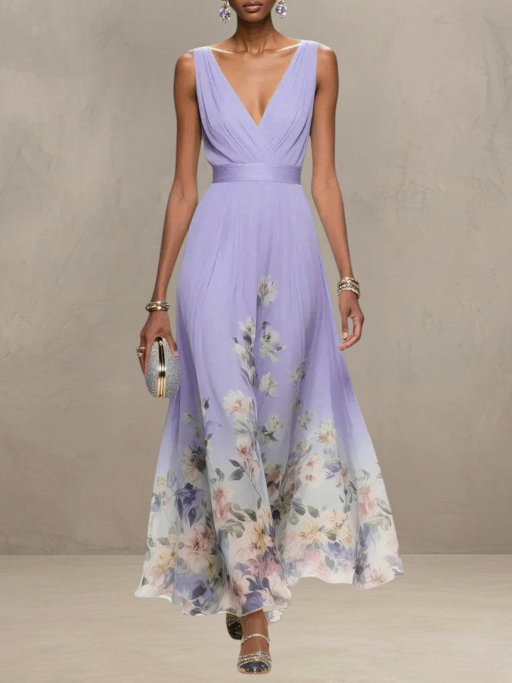 ROSA | ABITO MAXI IN CHIFFON FLORALE CON SCOLLO A V