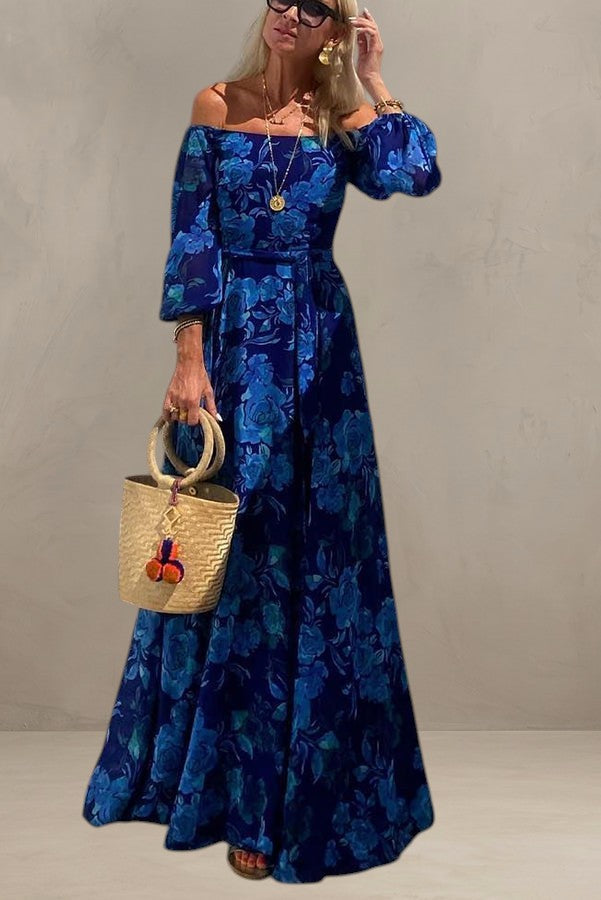 LUNA | ABITO MAXI CON STAMPA FLOREALE E MANICHE A SCOLLO OFF