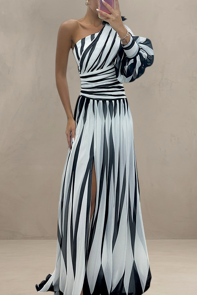 HAZEL | ABITO MAXI ELEGANTE A RIGHE CON UNA SPALLA