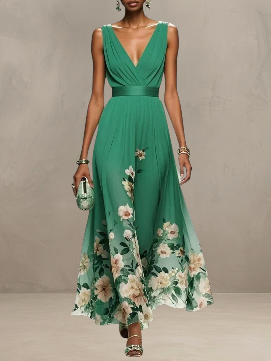 ROSA | ABITO MAXI IN CHIFFON FLORALE CON SCOLLO A V