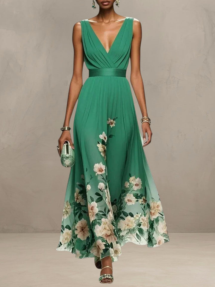 ROSA | ABITO MAXI IN CHIFFON FLORALE CON SCOLLO A V