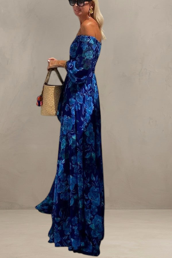 LUNA | ABITO MAXI CON STAMPA FLOREALE E MANICHE A SCOLLO OFF