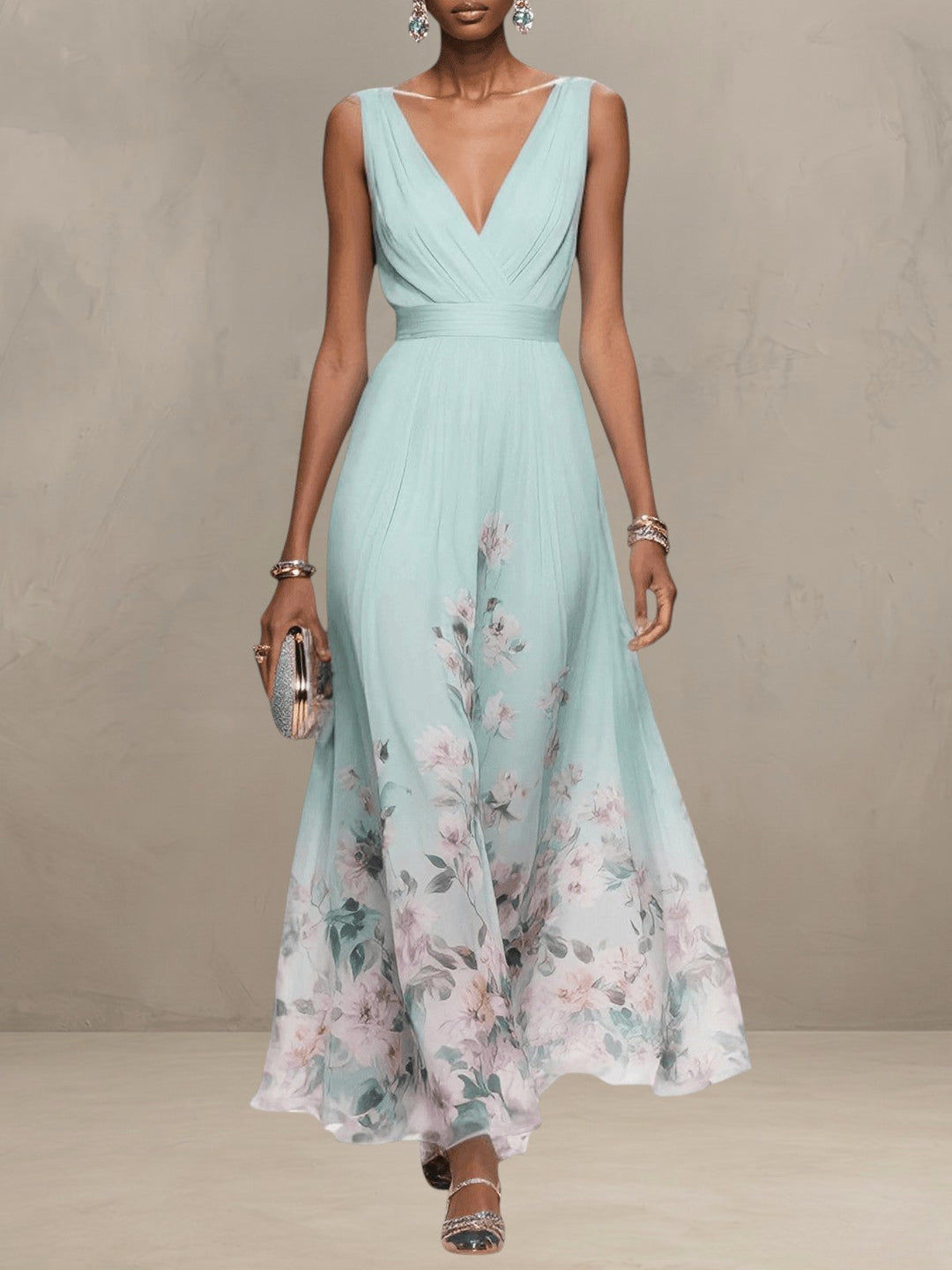 ROSA | ABITO MAXI IN CHIFFON FLORALE CON SCOLLO A V