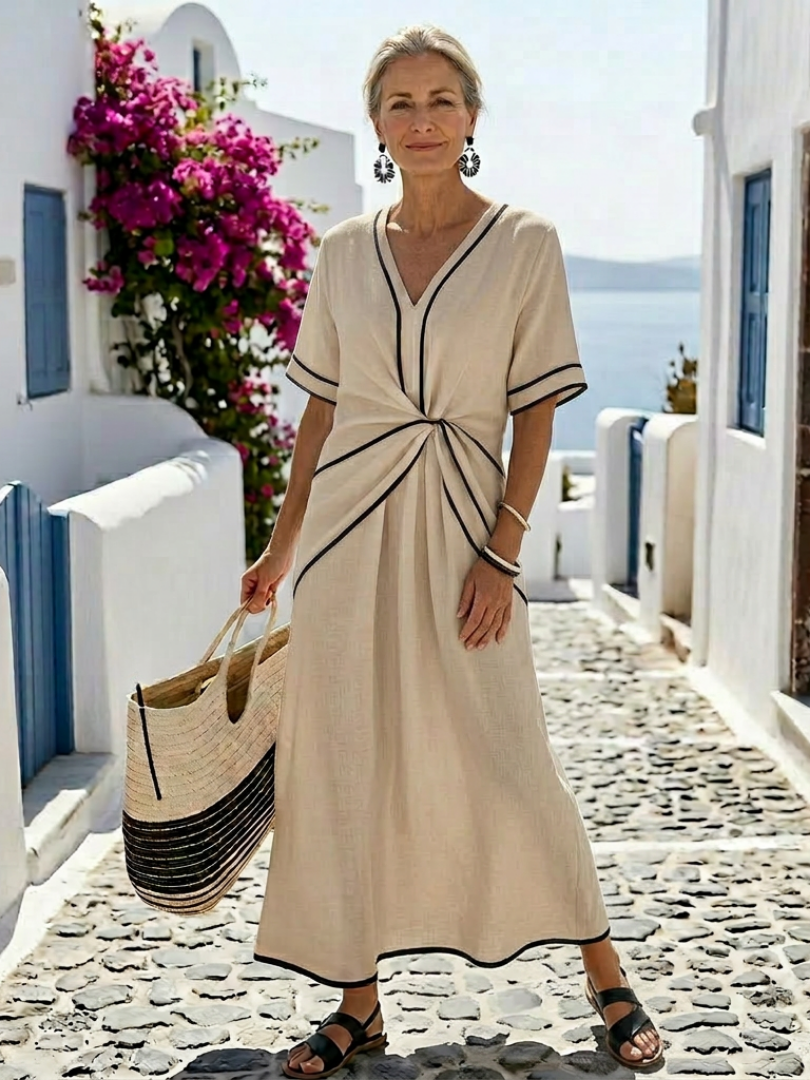 LINNEA | ABITO MIDI A MANICHE CORTI CON SCOLLO A V E CINTURA ARRICCIATA