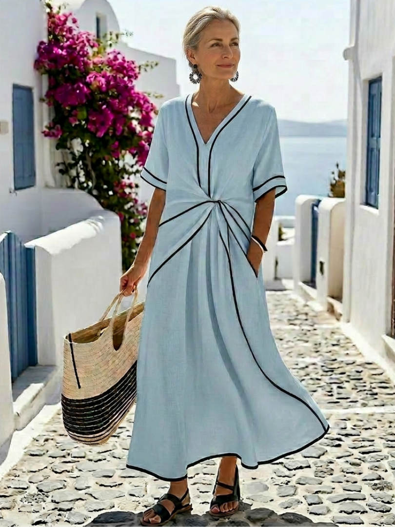 LINNEA | ABITO MIDI A MANICHE CORTI CON SCOLLO A V E CINTURA ARRICCIATA