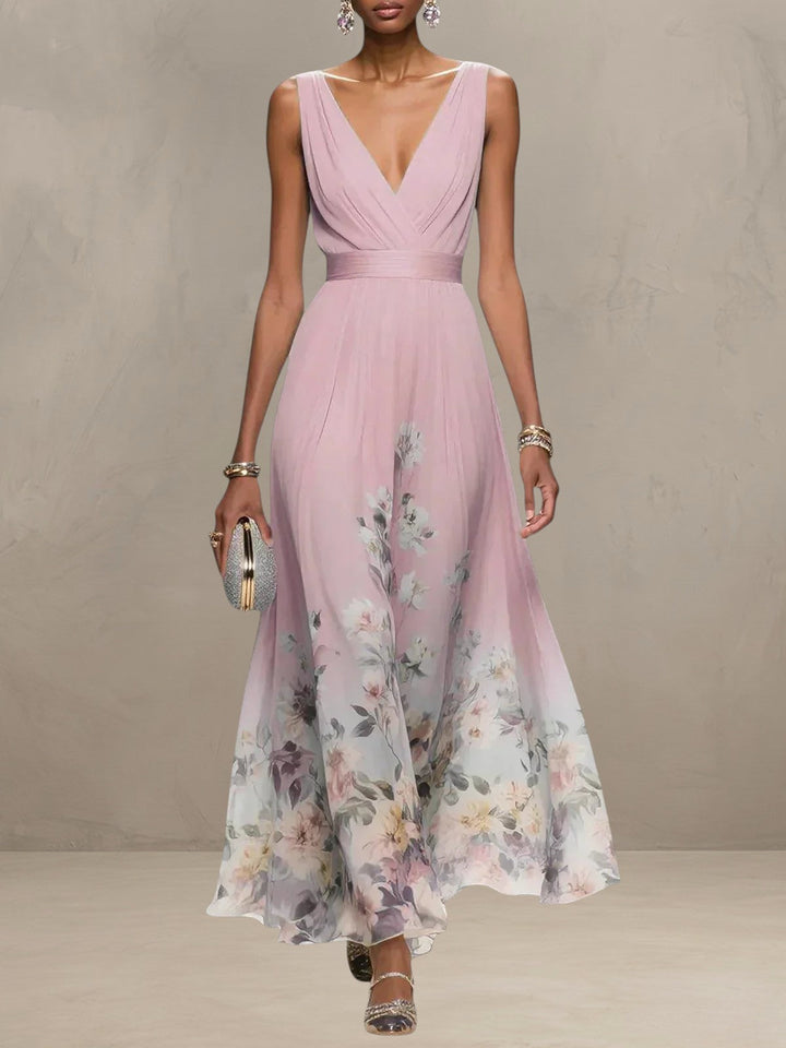 ROSA | ABITO MAXI IN CHIFFON FLORALE CON SCOLLO A V